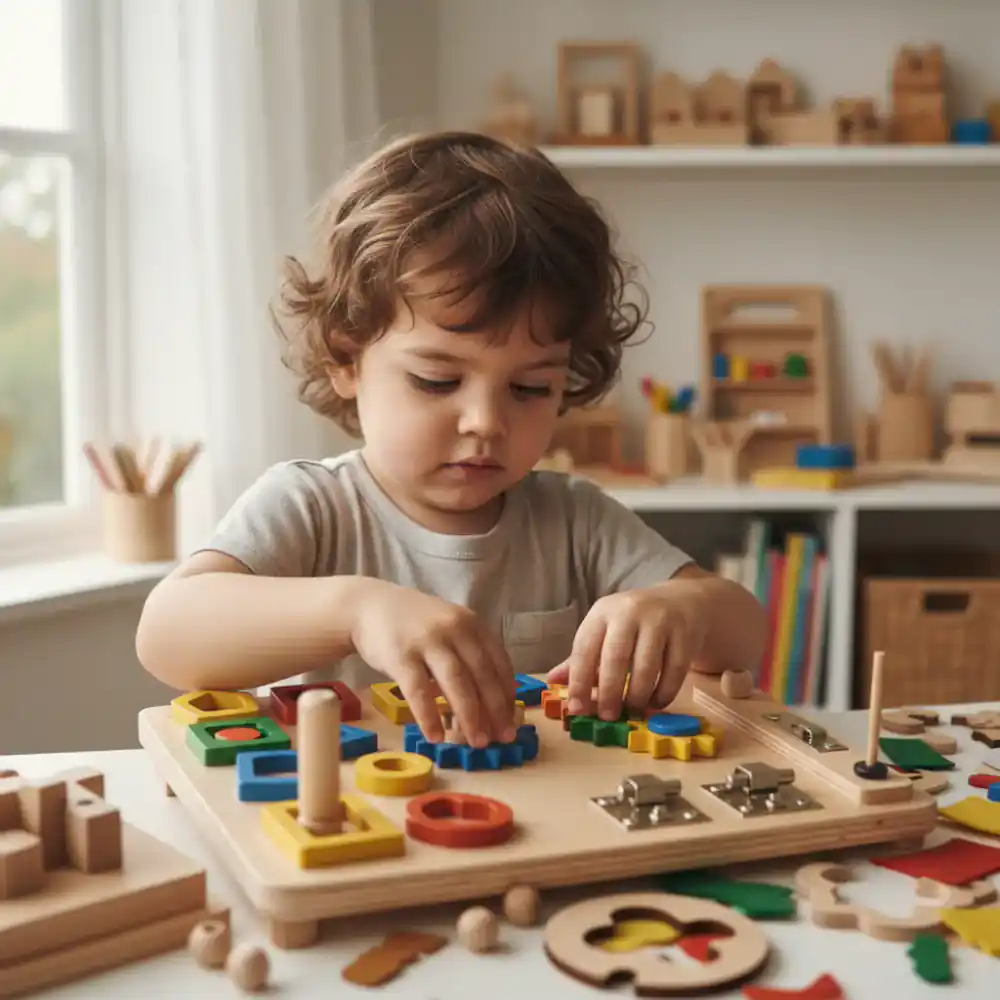 Child engaging with a Montessori wooden board