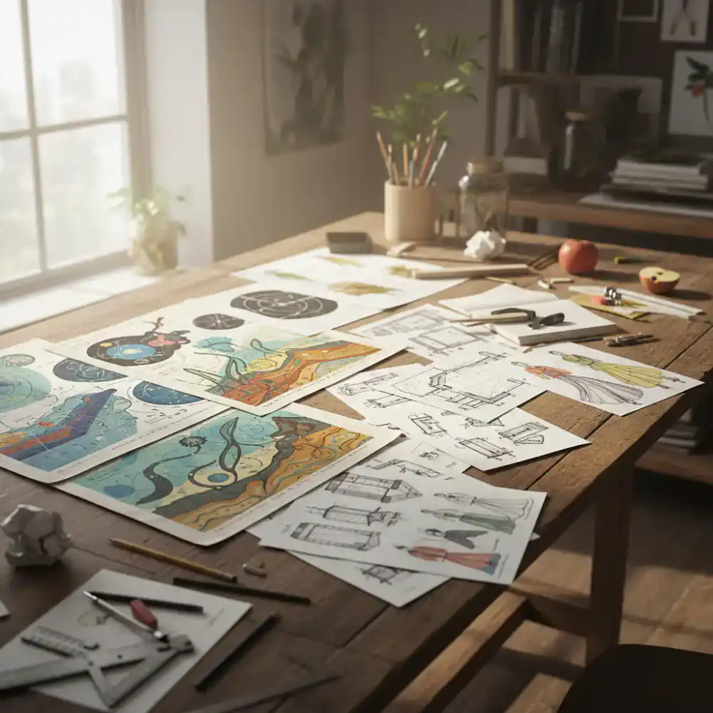 Educational charts and design sketches