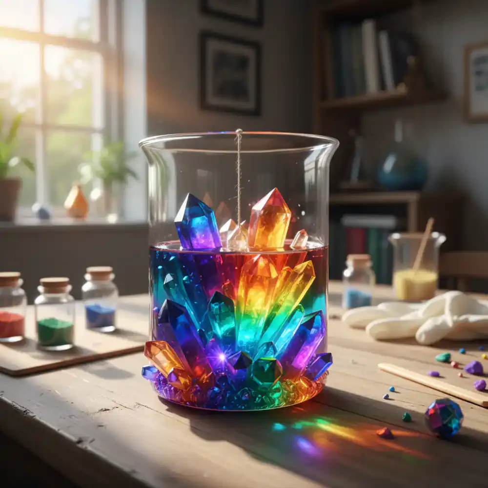 Vibrant crystal growing set in a glass beaker