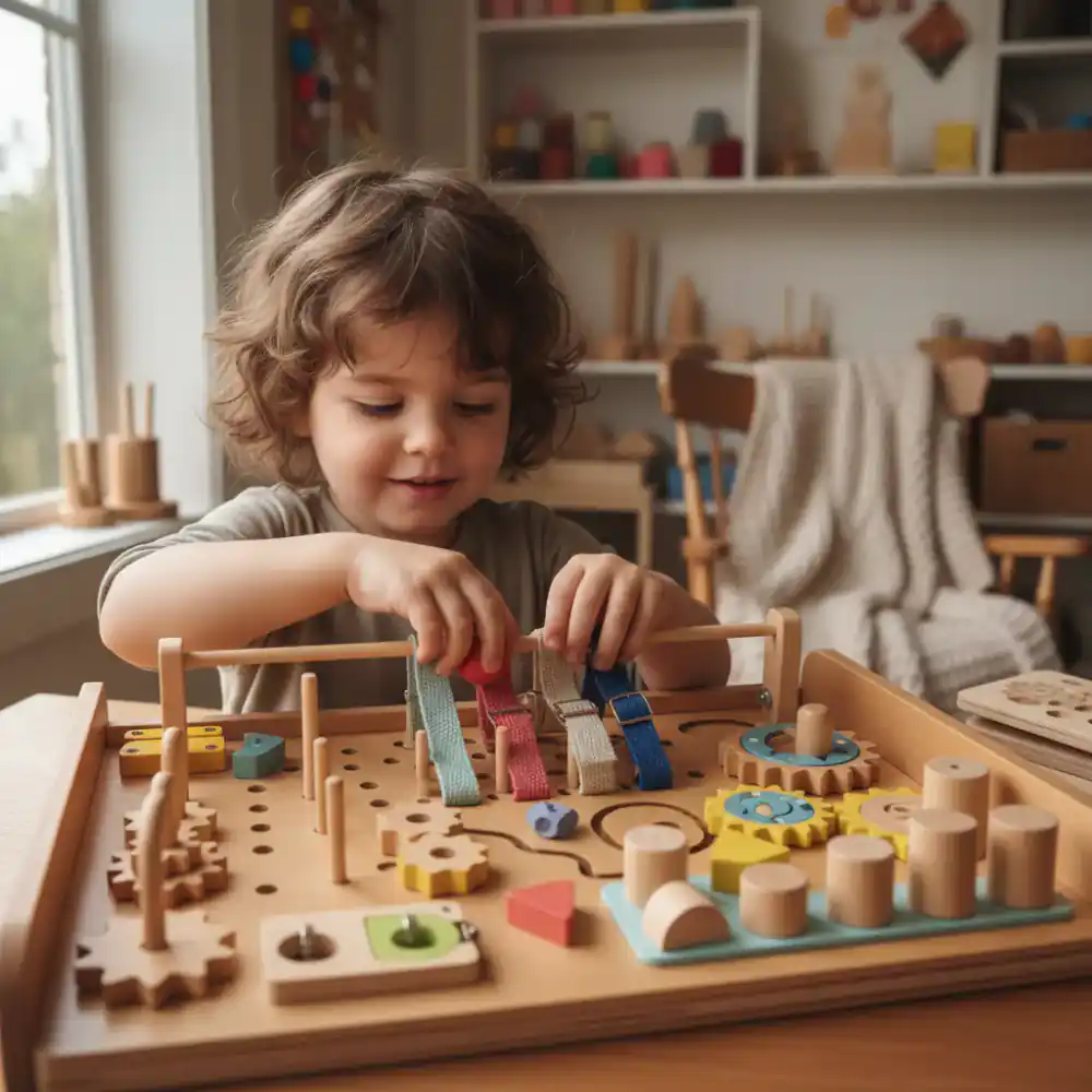 Child interacting with a wooden Montessori board