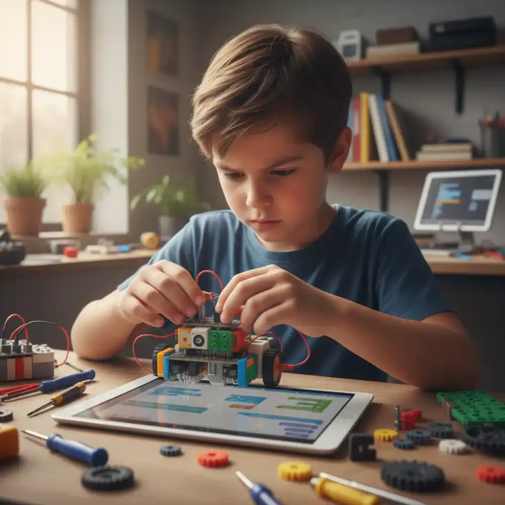 Child focused on building a coding robot