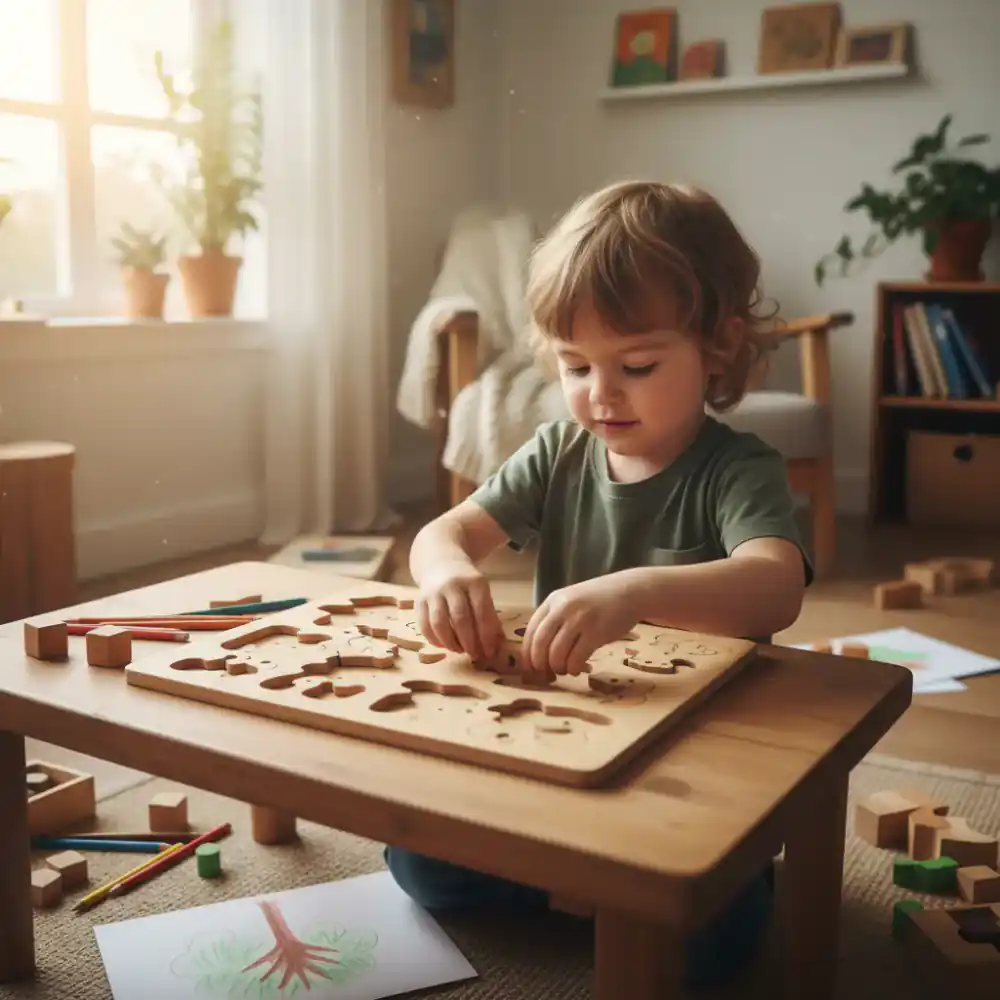 Child concentrating on a wooden puzzle