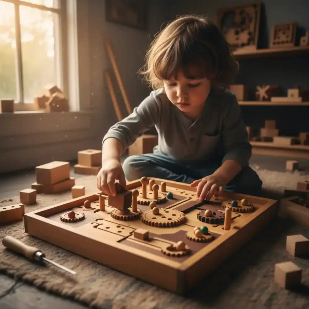 Child engaging with a complex wooden logic board