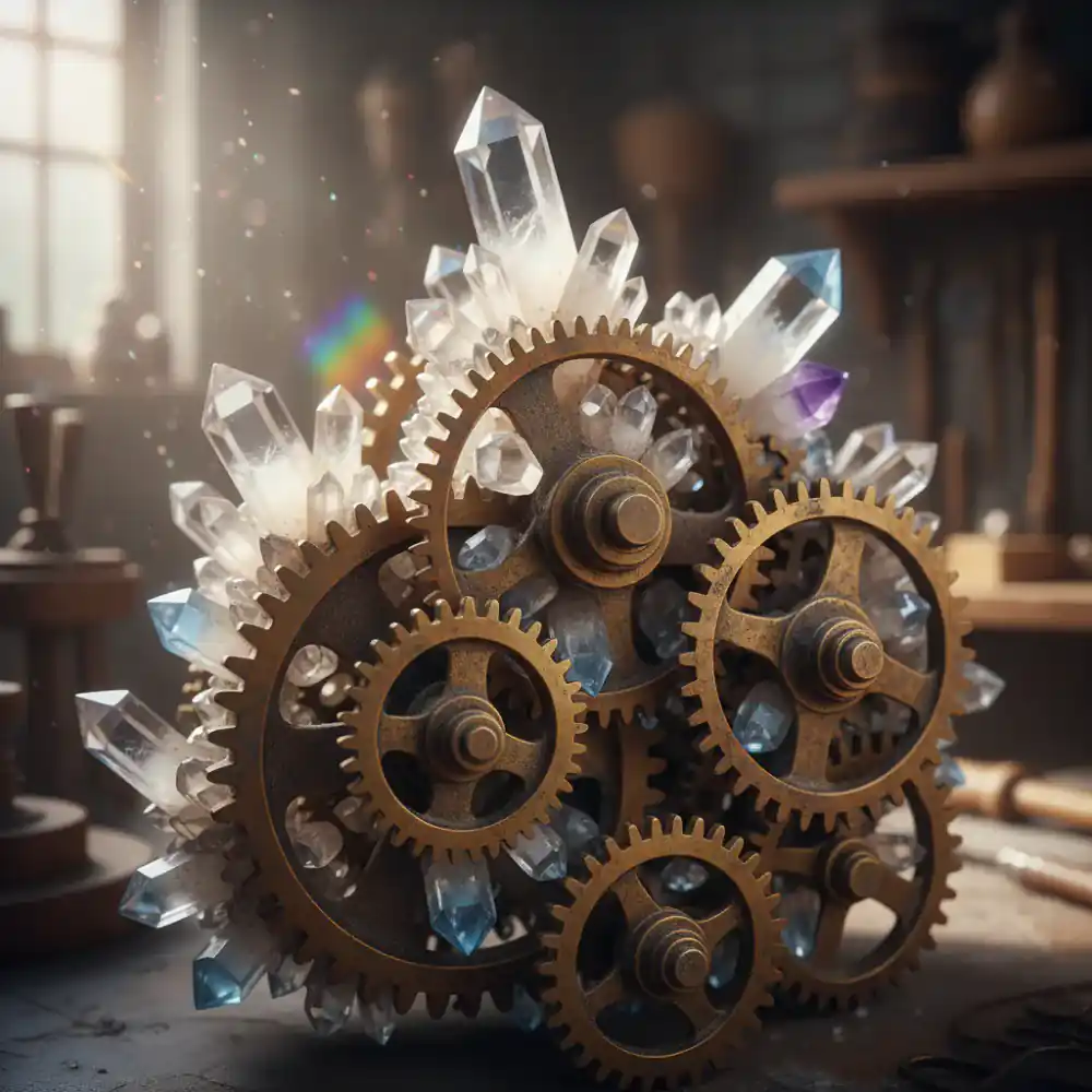 Close up of gears and crystal formations